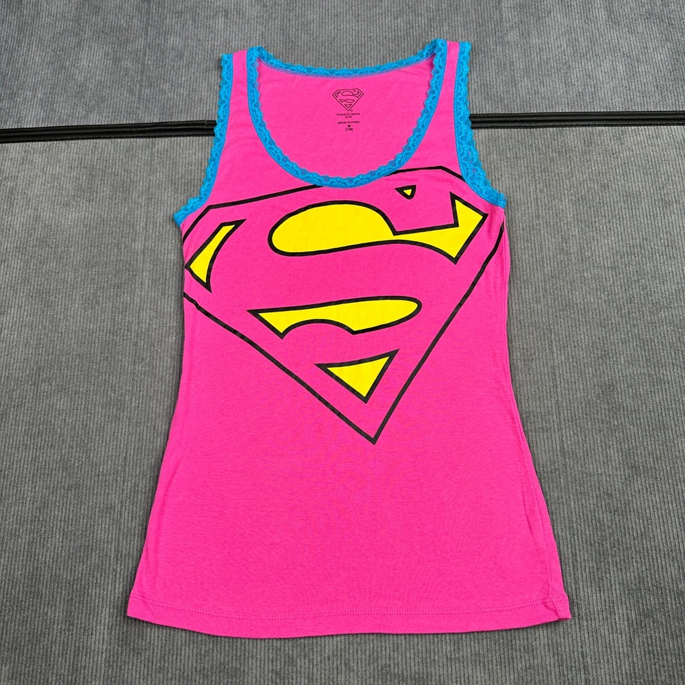 DC Comics Superman Y2k Graphic Tank Top Pink Blue Lace Trim Cami Logo Medium 7/9